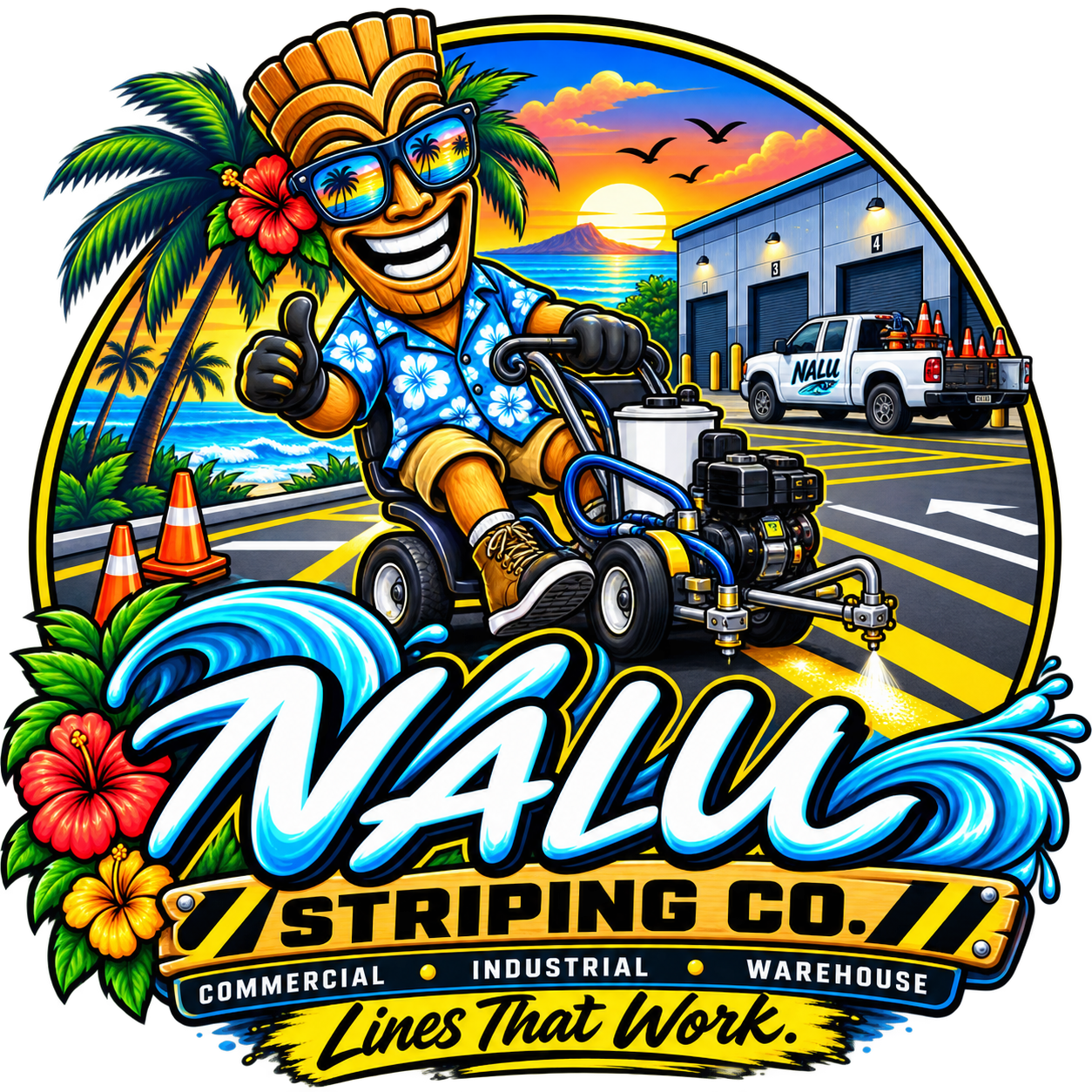 NALU's smiling Hawaiian-shirt tiki mascot operating a pavement-striping machine beside a tropical sunset and industrial warehouse